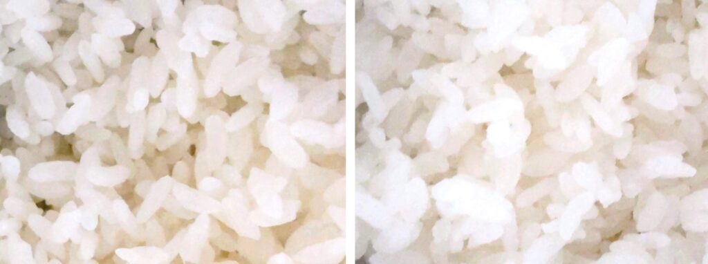 水だけで炊いた備蓄米（左）とみりん料理酒を入れて炊いた備蓄米（右）の写真