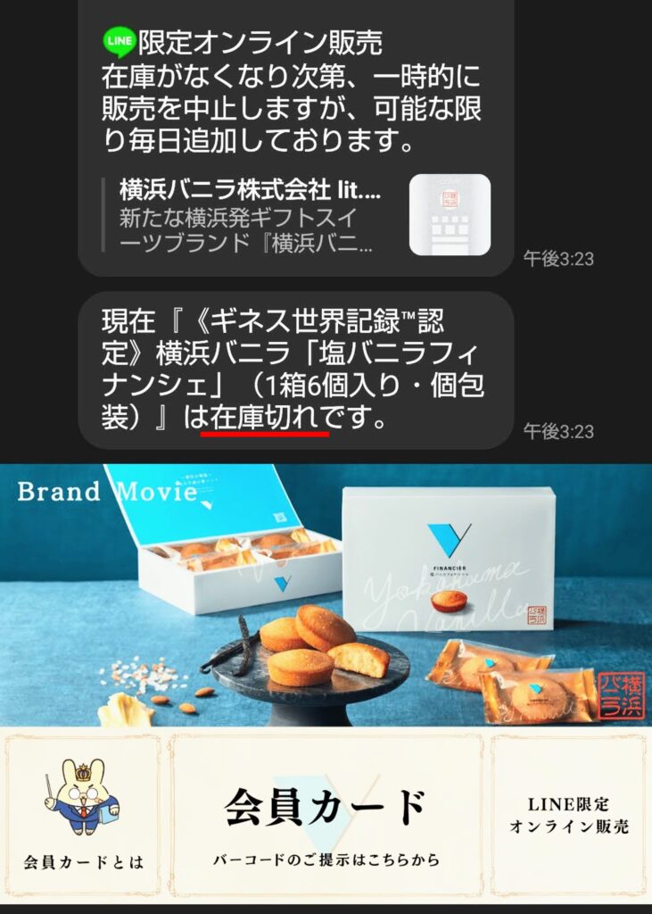 横浜バニラ公式LOINE限定でオンライン販売があることがわかるスクリーンショット