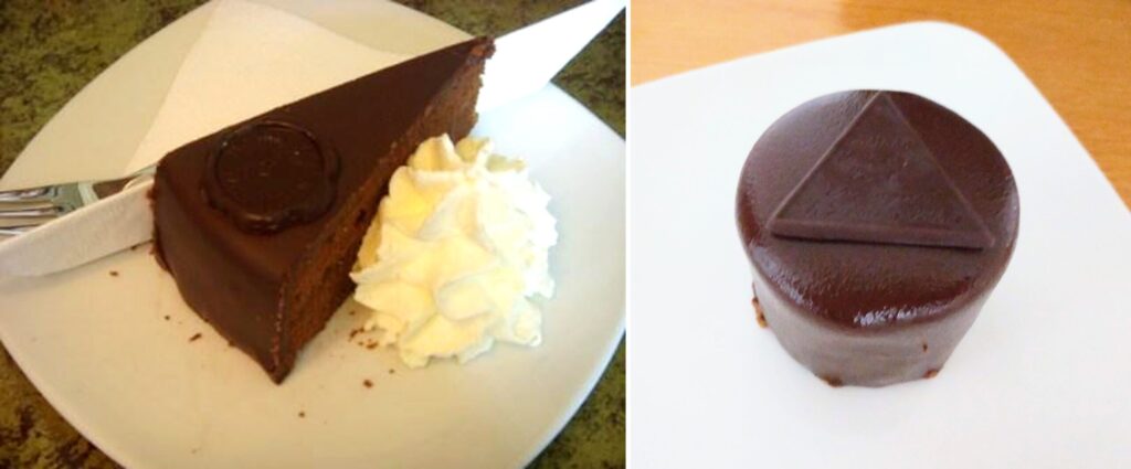 ホテル・ザッハーのオリジナルザッハトルテ（左）とデメルのザッハトルテ（右）の写真