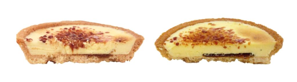 BRULEE MERIZE（ブリュレメリゼ）のブリュレクリームタルト（左）と喫茶店に恋して。のクレームブリュレタルト（右）の断面写真